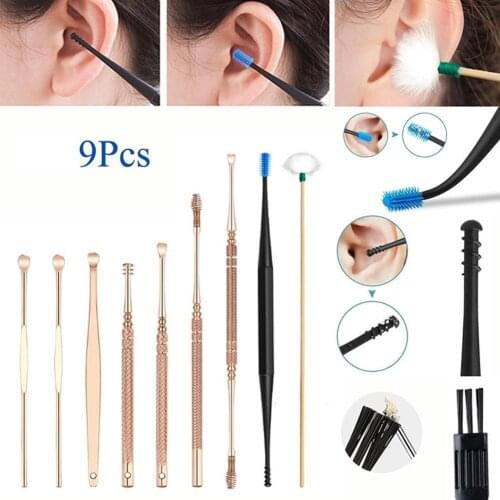 9Pcs Earpick Wax Remover Curette Goose Feather Ear Pick Ear Cleaner Spoon Ear Cleaner Tool Kits Steel Wholesale