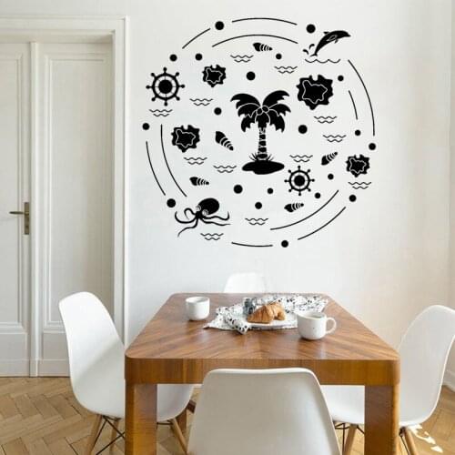 Beach Style Wall Decal Compass Sticker Shell Octopus Dolphin Home Decor Palm Coconut Tree Living Room Decoration Wave