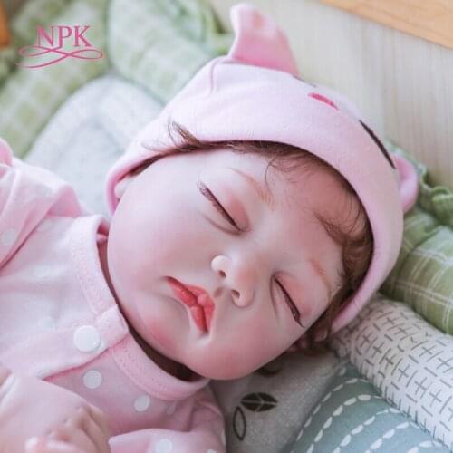 NPK 55CM reborn doll sleeping baby girl in pink dress hand detailed painting high quality bebe Birthday Christmas Gift