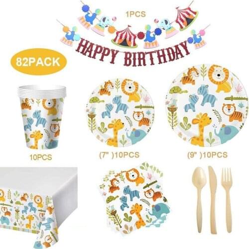 Cartoon Animal Theme Disposable Paper Plate Knife Spoon Tableware Supplies Kids Birthday Party Theme Banquet Decoration Props