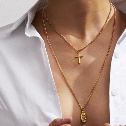 European Vintage Religious Jesus Goddess Cross Pendant Necklaces for Women Multilayer Gold Chain Jewelry Necklace Kolye YN52