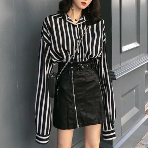 Deeptown Striped Shirt Women Long Sleeve Korean Style Spring 2021 Beautiful Blouses Black Outwear Oversize Vintage Cardigan Chic