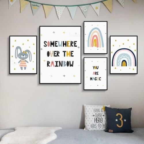 Grey Bunny Rabbit Poster Rainbow Wall Art Little Stars Canvas Painting Simple Quotes Posters and Prints Kids Room Bedroom Decor
