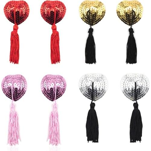 Sex Product Sexy Sequin Nipple Covers With Tassels Heart Shape Nipple Stickers Pasties Chest Stickers