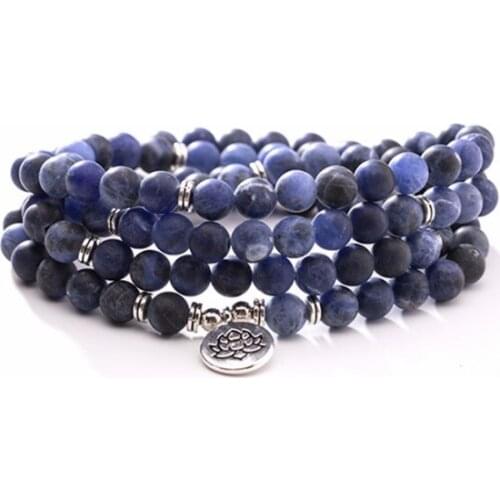 Blue 108 beads 8mm elastic adjusted Charm stone Lotus life tree Buddha head OM Chakra Reiki agate Onyx Bracelet necklace