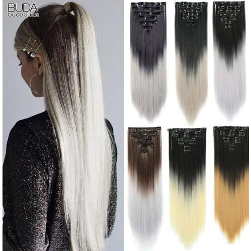 Synthetic Hair 22Inch Long Straight Hair 7pcs/Set 16 Clips Ombre Blonde Brown Hairpieces Clip In Hair Extensions For White Women