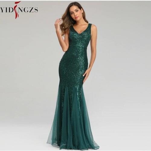 YIDINGZS Green Evening Dress Sleeveless Elegant Mermaid Long Formal Party Dress YD16538
