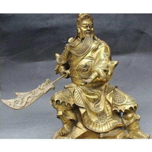 YM 321 Chinese Brass Dragon Beast Knife Seat Guan Gong Guan Yu Warrior God Statue