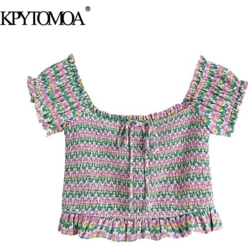 KPYTOMOA Women 2021 Sweet Fashion Smocked Cropped Floral Print Blouses Vintage Short Sleeve Ruffled Female Shirts Chic Tops