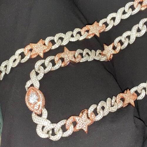 Women Men Fashion Two Tone Color Star Eye Pendant With 15mm Infinity Cuban Chain Iced Out Bling 5A CZ HipHop Necklaces Jewelry