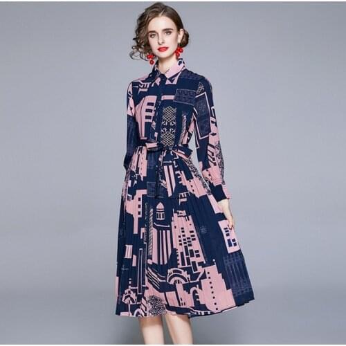 2021 Spring Women Office OL Turn Down Collar Geometry Printed Chiffon Pleated Dress Female Elegant Casual Midi Dress Vestidos