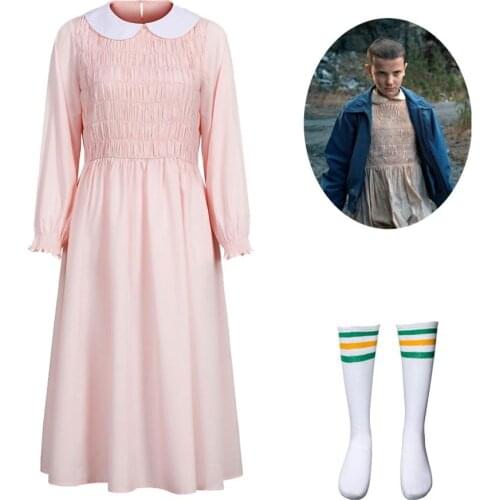 Elevens Cosplay Pink Dress For Stranger Things Doll Collar Christmas Party Beading Dresses Women Girl Halloween Cosplay Costume