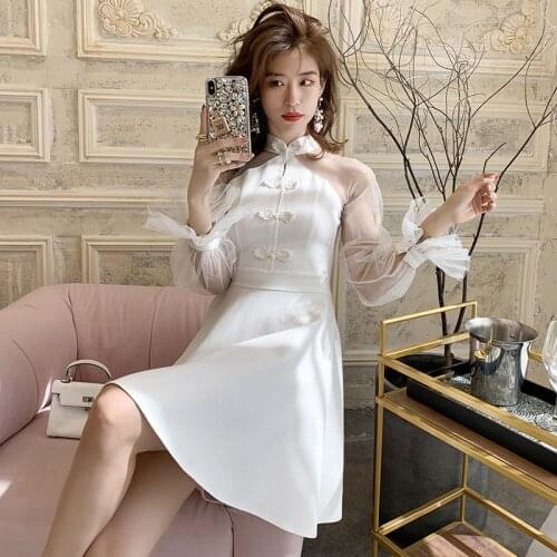 Fashion korean style women elegant dress new arrival summer vintage mesh perspective white high quality sweet a-line dress