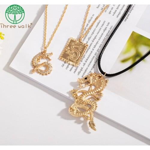 Gold Chain Chinese Dragon Animal Men Pendant Choker Necklace Korean Fashion Black Cord Jewelry Minimalist Minimalism Accessories