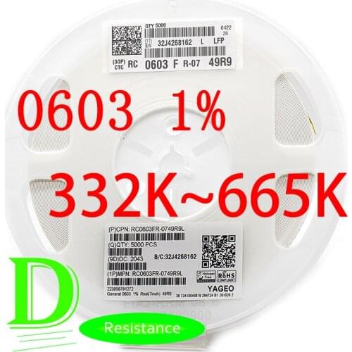 100PCS SMD Resistor RC Series 0603 1% RC0603FR-07 Series 332K-665K All resistors 360K 390K 430K 470K 510K 560K 620K