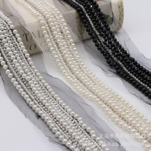 2Yards Black White Pearl Beaded Lace Trim Crystal Collar Ribbons African Lace Sewing Materials Crafts For Clothes Wedding Dress