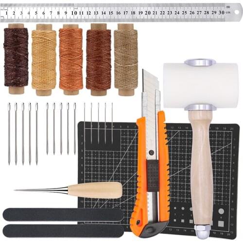 LMDZ 27Pcs Leather Craft Tool Kit Large-Eye Stitching Needles Stainless Steel Ruler Cutting Mat Nylon Hammer And Other Tools
