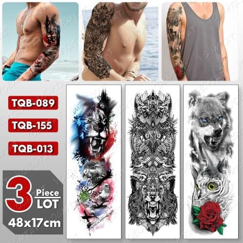 3 pcs/lot Large Arm Sleeve Tattoo Wolf Owl Waterproof Temporary Tatto Sticker Lion Eagle Body Art Full Fake Tatoo Women Men