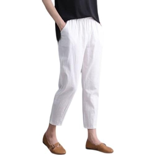Cotton linen Trousers Women 2021 Summer Plus size 4XL Elastic waist Mother Pants Loose Thin All-match Nine-point Casual Pants