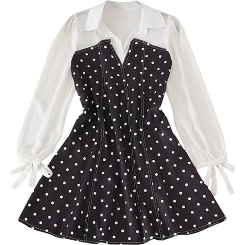 PERHAPS U Black Turn Down Collar Polka Dot Patchwork Chiffon Long Sleeve Bow Zipper A-line Empire Mini Dress D2575