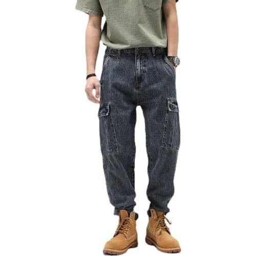 Fashion Mens Vintage Baggy Cargo Jeans Pants With Multi Pockets Loose Fit Outdoor Tactical Denim Trousers Big Size 28-40