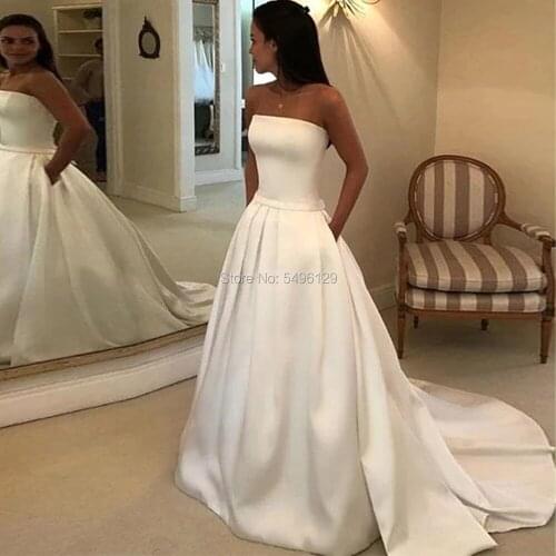 Elegant Simple Strapless Sleeveless Wedding Dresses A Line Satin Bridal Dress with Pockets White Sleeveless Bride Vestido Noiva