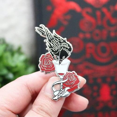 Gothic Crow Drinks Water Hard Enamel Pin Beautiful Red Rose Flower Plant Medal Brooch Cartoons Black Bird Animal Badge Jewelry