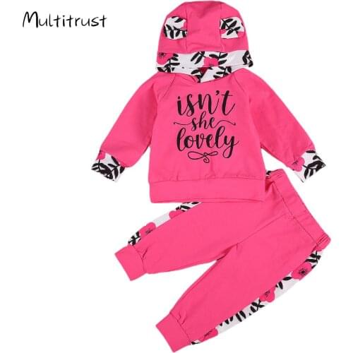 Baby Girls Clothes Outfit 2020 Autumn Long Sleeve Letters and Floral Printing Hooded Top + Long Pants 2PCS