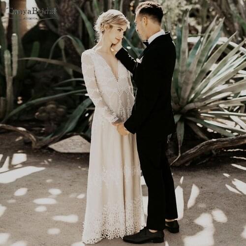 Long Sleeve Lace Wedding Dresses Deep V-Neck A Line Boho Bohemian Bridal Gowns Floor Length Engagement Gowns DW515