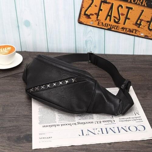 Black PU Leather Men Fashion Waist Bag Unique Travel Fanny Pack Male Adjustable Belt Bag Zipper Bum Bag New