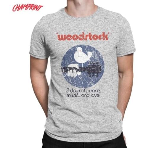 Men T-Shirts Woodstock Vintage Pure Cotton Tees Short Sleeve Peace Love Music T Shirts Crewneck Clothing Big Size