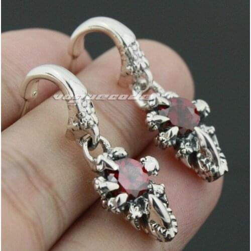 925 Sterling Silver Dragon Claw Hold Red CZ Mens Biker Rocker Stud Earring 8R006