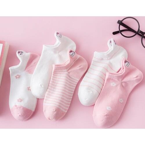 Kawaii Embroidered Cartoon Women Socks Happy Fashion Ankle Funny Socks Women Cotton Summer 1 Pair pink blue