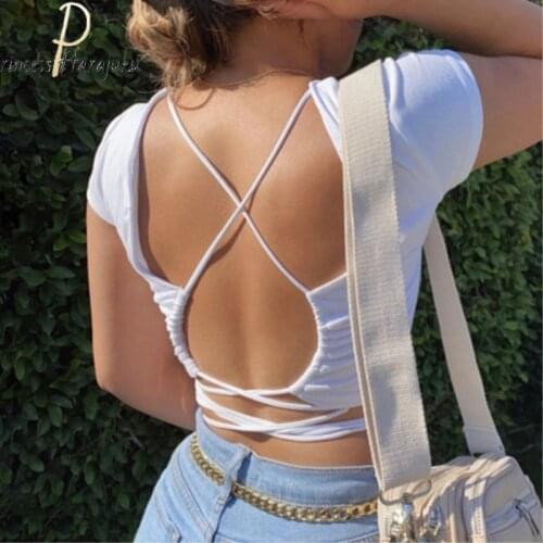 New Open Backless Summer Women Sexy Party Hollow Out Fitness Tops Camisoles Sleeveless Short Streetwear Black Lace Up Crop Tops
