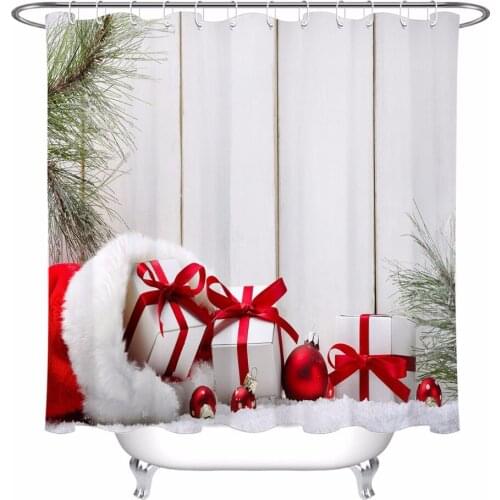 Christmas Balls And Gift Box Shower Curtain Fir Leaves Wooden Board Bathroom Waterproof Long Polyester Fabric for Bathtub Decor