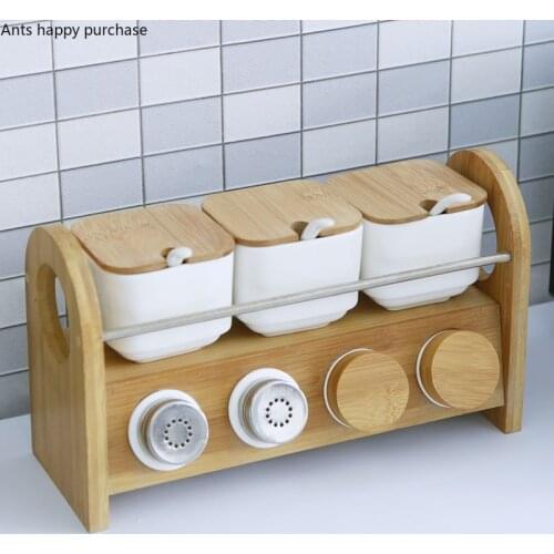 Home Kitchen Supplies Ceramics Spice Jar 7-piece Suit with Wooden Base Salt Shaker Pepper Shaker Seasoning Box Spice Container
