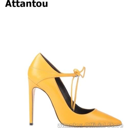 Unique Yellow Black Blue Lace Up Pointed Toe Pumps Ladies High Heel Dress Shoes Women Designer Stiletto Heeled Shoes Plus Size46