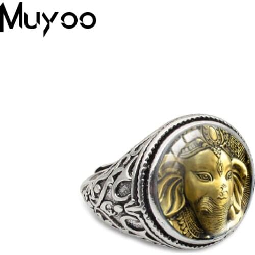 Vintage Ganesha Statue Hindu Ganapati Vinayaka God Antique Dome Fashion Mens Gifts Rings Jewelry Accessory