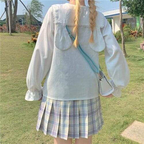 Japanese Korean White Lolita Blouse Sweet Rabbit Ears Loose Lace Blusas Female Cute Kawaii Autumn Preppy Style Soft Girl Shirts