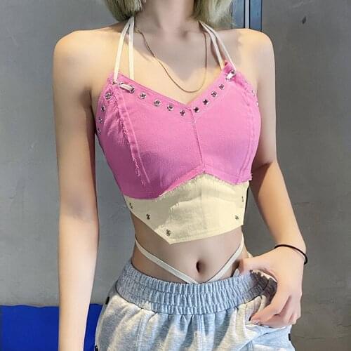 Sexy Halter Small Vest Pink Patchwork Bandage Backless Tank Tops V-nevk Sleeveless Fitness High Quality Party Club Women Clothes