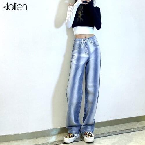 KLALIEN 2021 Spring Fashion Street Casual High Waist Blue Jean Wome Loose Straight Wide Leg Pants Soft Stretch Cotton Trousers
