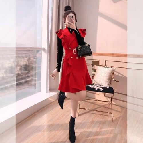 Women 2021 Autumn Winter Two Piece Set Female Casual Knitting Basic Top + Ruffles Vest Dress 2 Piece Sets Lady Casual Suit C392