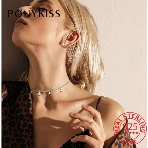 PONYKISS Trendy Real 925 Sterling Silver Chic Star Moon Pendant Necklace Women Party Fashion Jewelry Accessories Delicate Gift