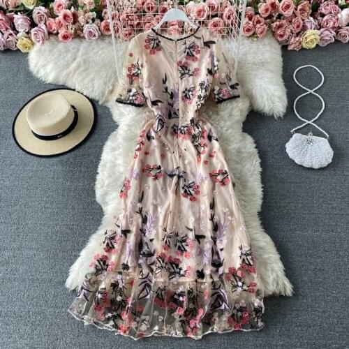 Womens spring summer runway fashion flower embroidery mesh dress female short sleeve chic travel vintage mesh dress TB1473