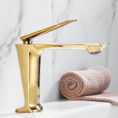 Gold Bathroom Basin Solid Brass Sink Mixer Faucets Hot & Cold Single Handle Deck Mounted Lavatory Crane Water Taps New Arrival