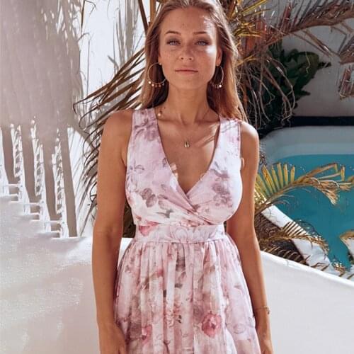 2021 Womens r New Style Dress Split-forked Dress Floral Print Long Chiffon Summer Pink Elegant Casual Long Dress Beach Party