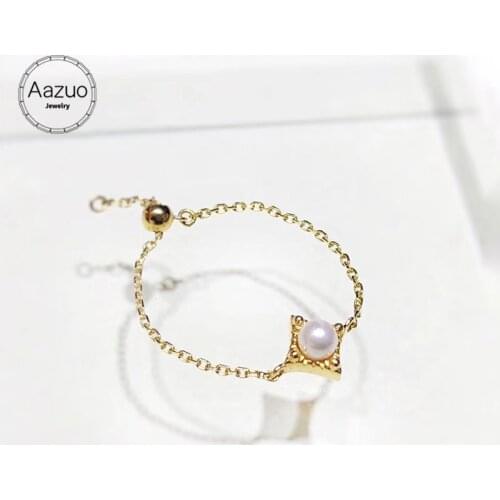 Aazuo 18K Yellow Gold Chain Ring White Akoya Pearl The chain Ring Charm Jewelry Fashion Love Gift Tiny Thin For Woman