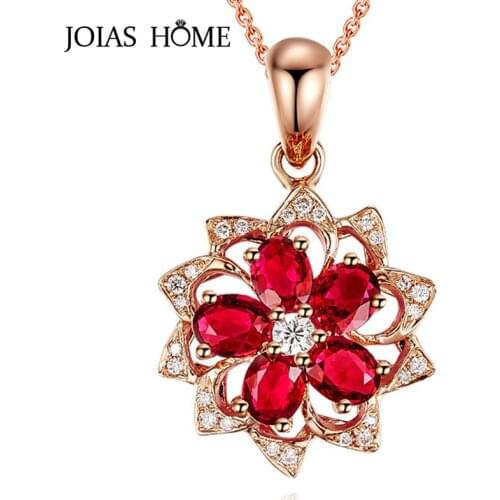JoiasHome 925 Sterling Silver Necklace Pendant New Rose Gold Polygon with Ruby Flower Shape Pendant Elegant Ladies Party Gift