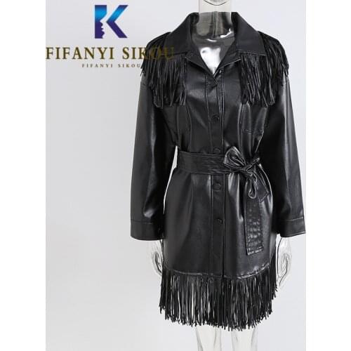 Black PU Leather Dress Jacket Women Single Breasted Fashion Tassel Lapel Midi Long Dress Female Autumn Winter Long Sleeve Dress