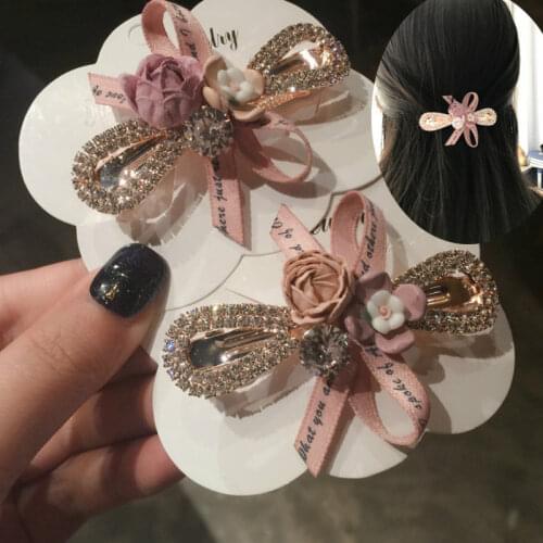 Elegant Pearl Ribbon Crepe Bow Spring Hair Clip Women Clip Crystal Hair Grips Water Drop Hair Pins Hair Accessories Hair Pins